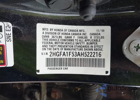 2010 Honda Civic Sdn Lx from USA, damaged, VIN 2HGFA1F53AH522216